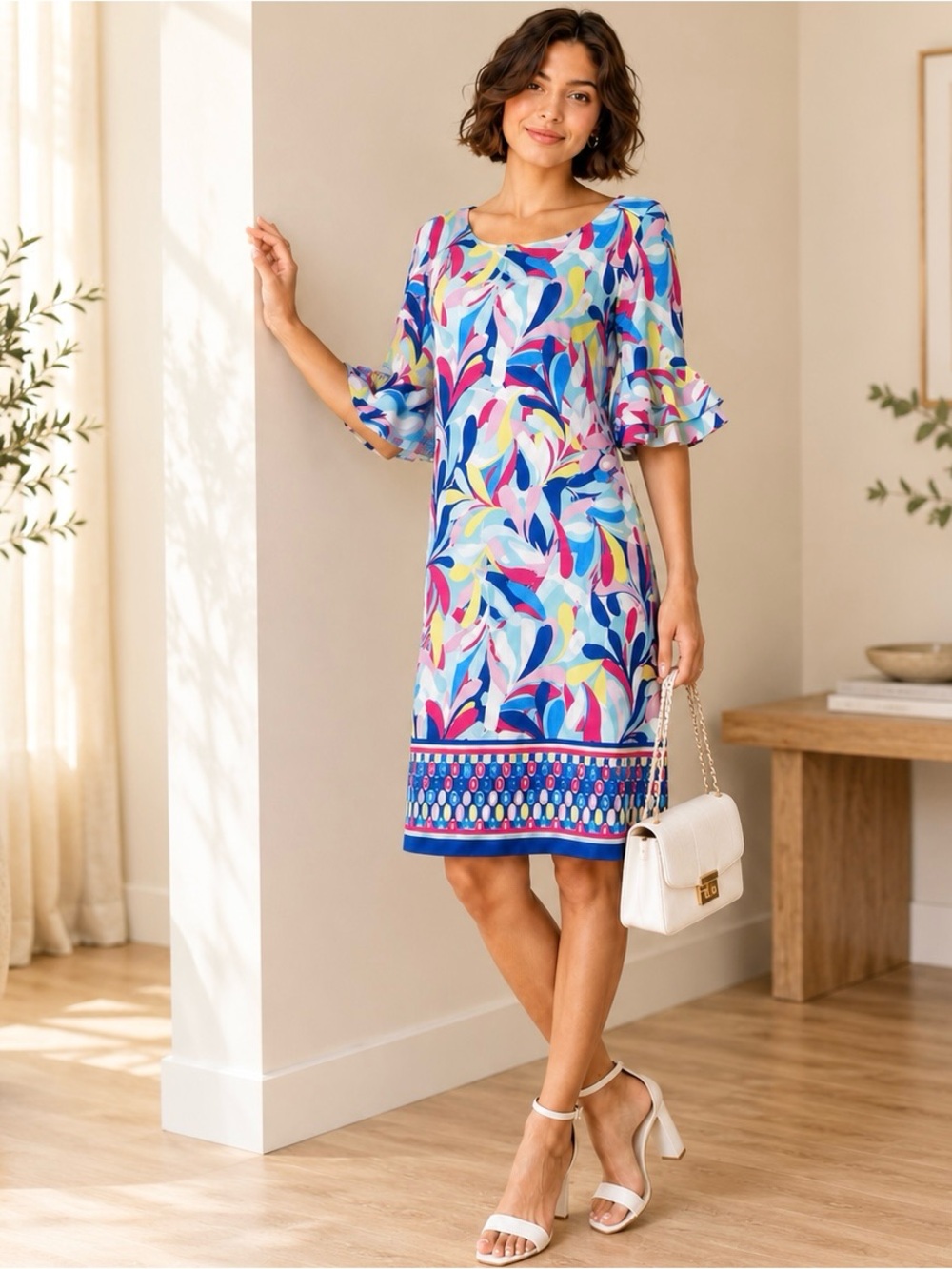 Pappagallo Shift Dress Ruffle Elbow Sleeve Abstract Print Knee Length Stretch